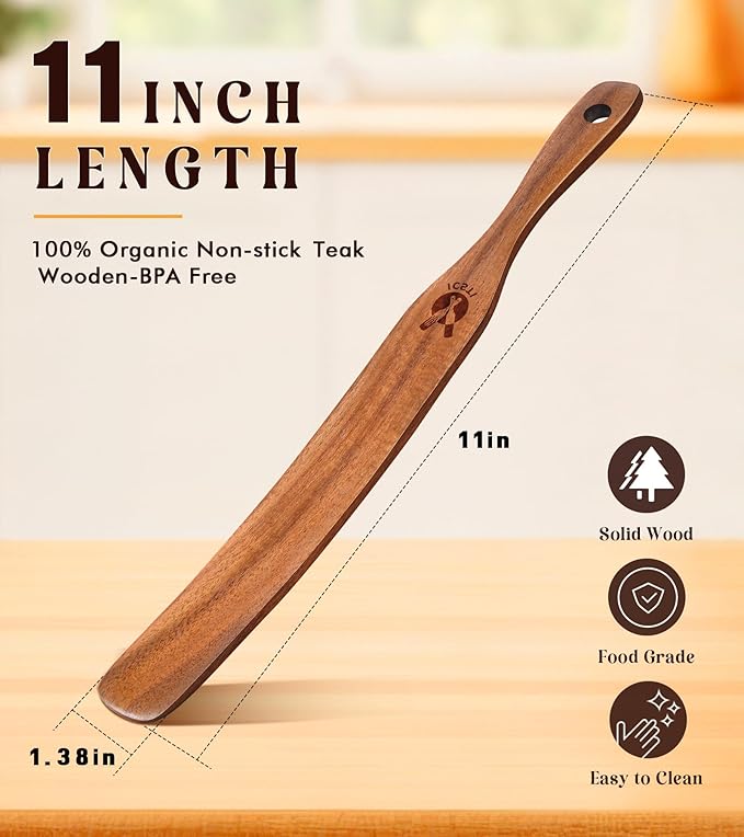 2 Pack Wooden Spurtle for Sourdough Starter, Mixing, Reaching Bottom of Jar, Dough Whisk, Natural from High Moist Resistance Teak, Spurtles Kitchen Tools Wooden Kitchen Utensils for Baking, Cooking