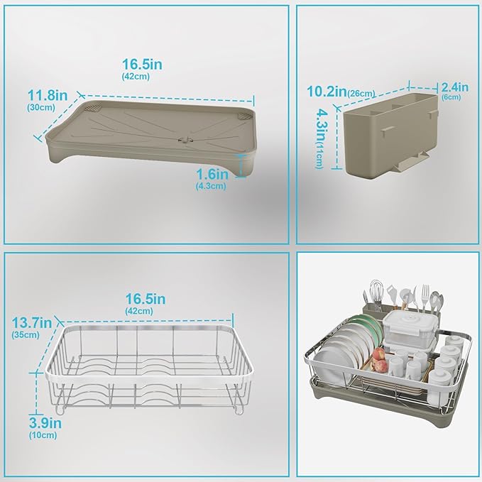 Dish Drying Rack - 304 Stainless Steel Dish Rack, Adjustable Spout Auto-Draining Dish Drainers for Kitchen Counter, Large Capacity for Bowls, Cups, Dish Drainer with Drainboard Grey