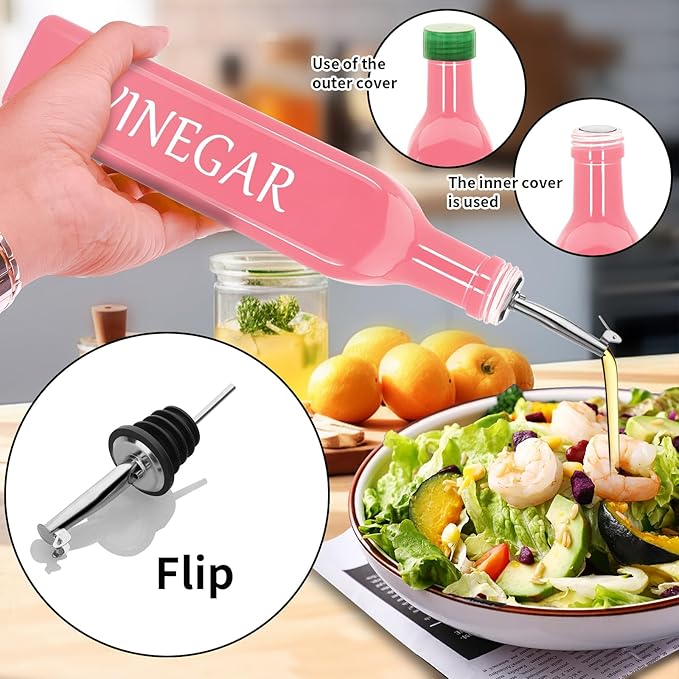 1 Pc 17oz Olive Dispenser Bottle,500ml Glass Oil and Vinegar Dispenser Set with 1 Stainless Steel Pourers,Funnel Bottles for Kitchen (Pink Vinegar)