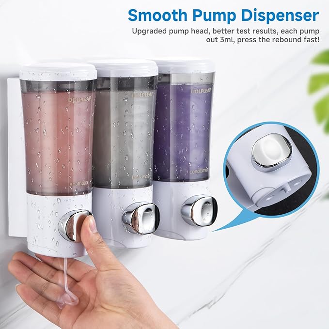 Shampoo Conditioner Body Wash Dispenser No Drill Shower Soap Dispenser Wall Mounted Shampoo Dispenser 3 Chamber with Upgrade Pump Head Bathroom Soap Dispenser 450ml/Each White