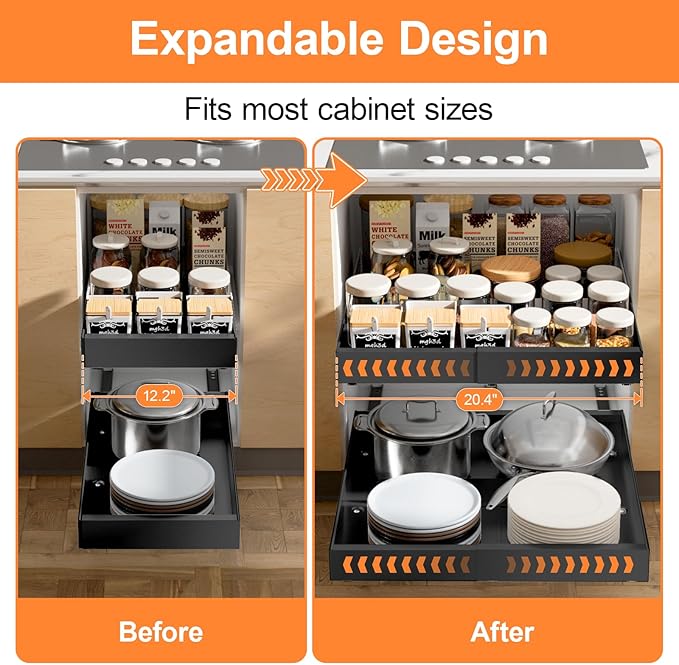 1 Pack Pull out Cabinet Organizer Expandable Width(12"-20") and 21"Depth, No Drill Adjustable Slide Out Drawers for Kitchen