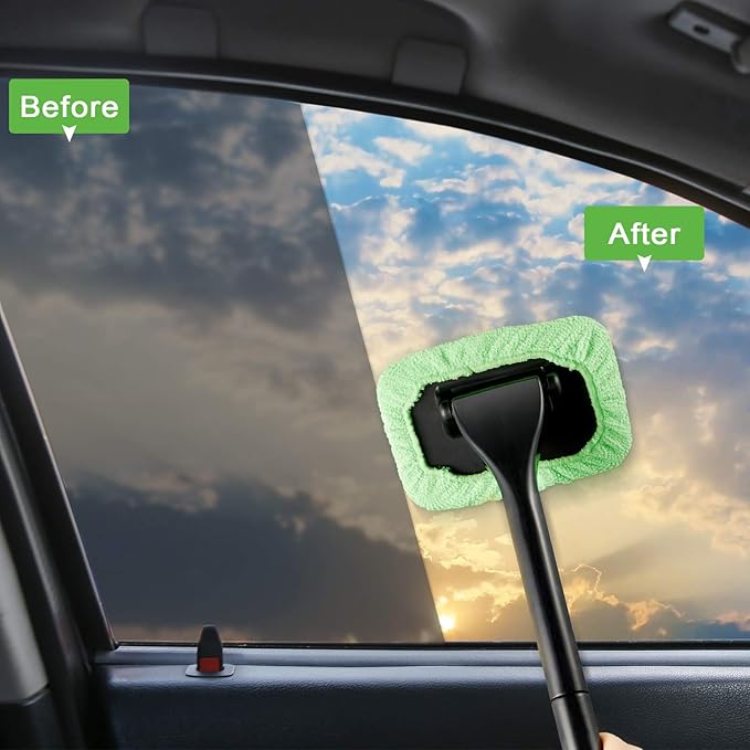 Frienda 2 Set Windshield Cleaner Tool Inside Car Windshield Cleaning Wand Auto Window Cleaner with Detachable Handle, 8 Reusable Microfiber Pads and 2 Spray Bottles for Car Interior(Green)