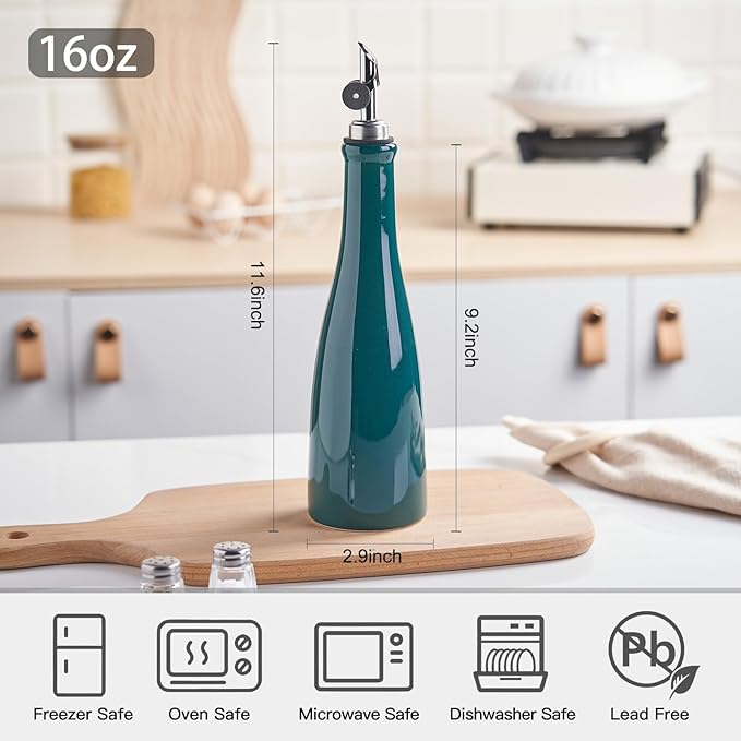 YOLIFE Olive Oil Dispenser Bottle, 20oz Ceramic Oil Dispenser for Kitchen, Oil Bottle with Gravity Spout, Leak Proof EVOO Dispensing Bottle with 2 Spouts and 1 Funnel for Vinegar, Juice(Green)