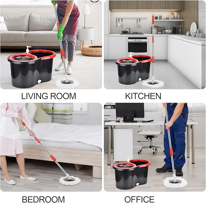 Mop and Bucket with Wringer Set, 360 Floor Cleaning Stainless Steel Mop Bucket, 3 Microfiber Mop Refills, 61" Extended Handle, Black/Red (Set of 2)
