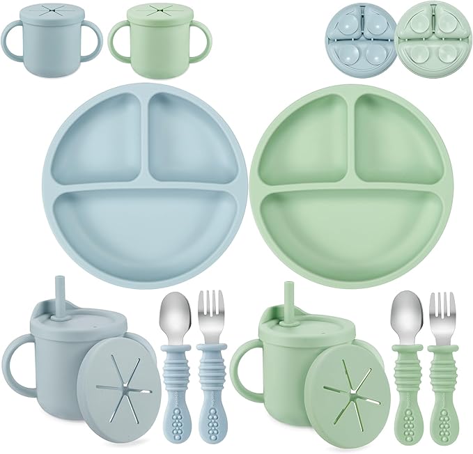 PandaEar Silicone Baby Feeding Set| 2 Pack Silicone Divided Suction Plate and 2 Pack Tiny Cup with 2 Spoons 2 Forks| Baby Led Weaning Supplies Self Feeding Eating Utensils (Light Blue/Light Green)