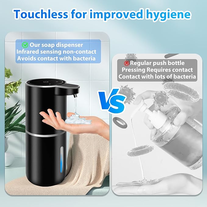 2 Pack Automatic Soap Dispenser,12.8oz/380ml USB Rechargeable 4 Level Adjustable Electric Hand Soap Dispenser for Bathroom,Kitchen,Hotel,Restaurant(Black)
