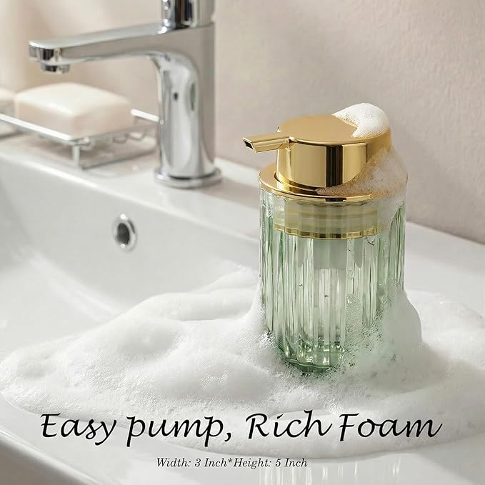 Amolliar Foaming Soap Dispenser, 8OZ Green Glass Soap Dispenser with Plastic Pump, Refillable Hand Soap Dispenser for Bathroom, Kitchen, Shower, Lotion, Dish Soap Dispenser, Home Decor, Gold 2 Pack