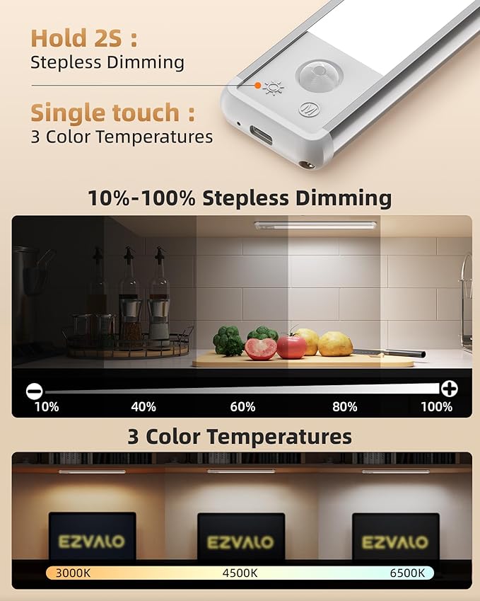 EZVALO 11.8-inch Under Cabinet Lighting, 2400mAh Rechargeable Motion Sensor Light, 3 Color Temperatures, Dimmable Magnetic Wireless Light for Kitchen, Pantry, Closet, Stairs