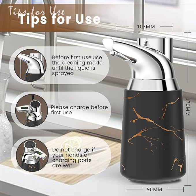 Automatic Liquid Soap Dispenser Touchless:350ML Ceramic Material -4 Level Adjustable Hand & Dish Electric Dispenser,Waterproof Type-c Rechargeable Auto Soap Pump for Bathroom,Kitchen