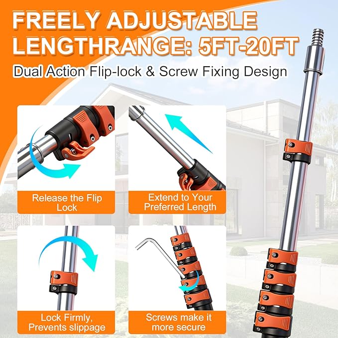 26FT Window Cleaning Kit, 2-in-1 Squeegee with 5-20FT Telescoping Pole & Flip-Lock & Screw Dual Locking