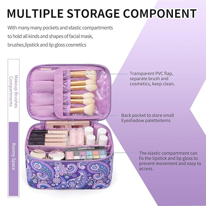 OCHEAL Makeup Bag - Portable Large Capacity Travel Cosmetic Case for Women with Handle and Divider Toiletry Organizer for Girls on the Go -Purple