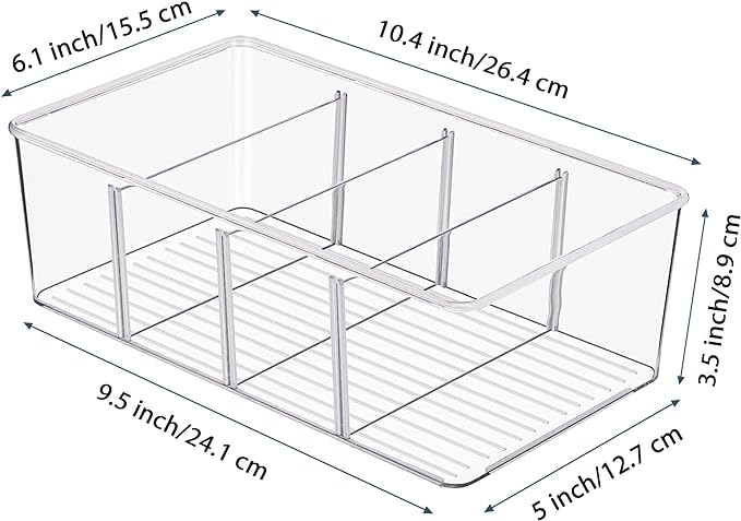 Vtopmart 6 Pack Food Storage Organizer Bins, Clear Plastic Bins for Pantry, Kitchen, Fridge, Cabinet Organization and Storage, 4 Compartment Holder Packets, Snacks, Pouches, Spice Packets