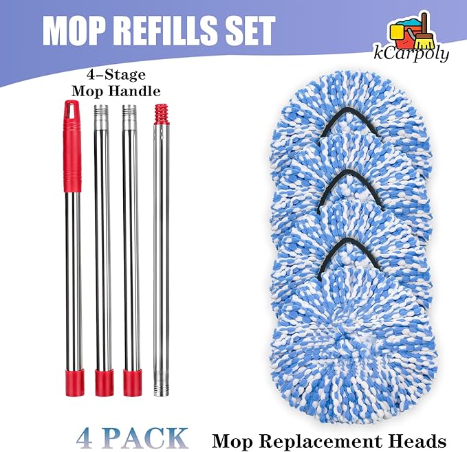 4 Pack Spin Mop Replacement Heads Compatible for O Ceda RinseClean 2 Tank System, Microfiber Mop Refills,Deep Cleaning, with 4.33in Core Base and Handles