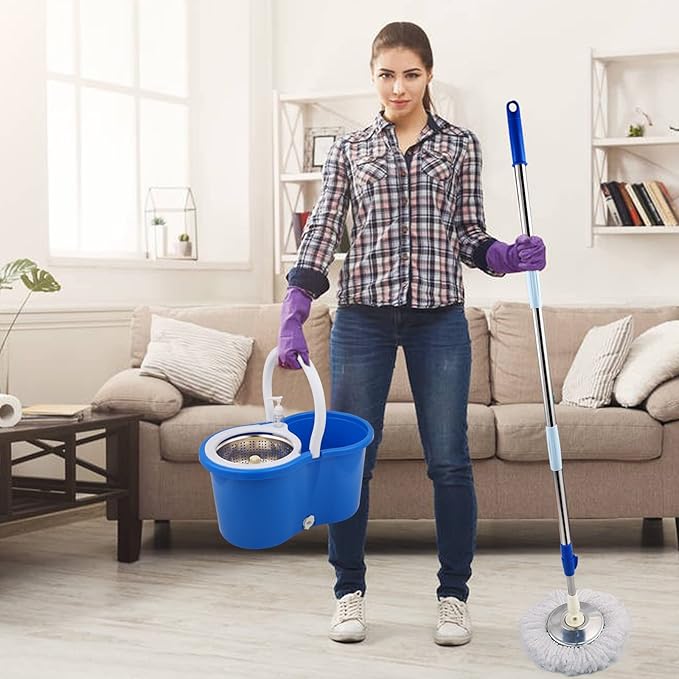 Mop and Bucket Set, 360° Spin Mop and Bucket with Wringer Set and 6 Microfiber Mop Refills, Stainless Steel 61" Extended Handle Spinning Mop Bucket System for Floor Cleaning (2 Sets)