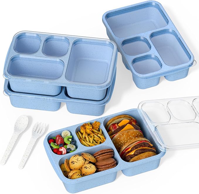 Large Capacity Bento Box for Adults, 4-Piece Set – Stackable Lunch Box with 4 Compartments, Microwave & Dishwasher Safe, Reusable Meal Prep Containers, Snack Containers for Kids & Adults (Blue)