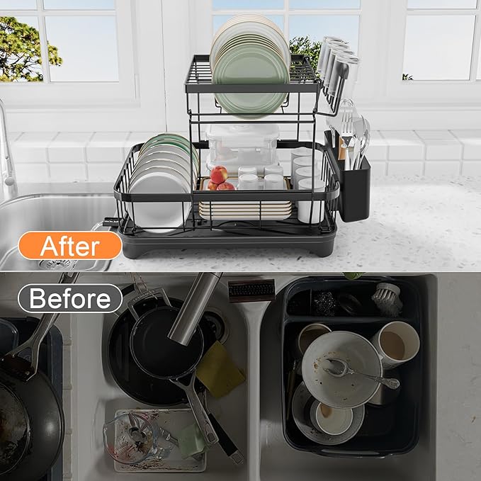 Dish Drying Rack Two-Tier Drying Rack with Utensil Holder, Auto-Draining Dish Rack for Kitchen Counter, Large Capacity for Plates, Bowls, Cups, Dish Drainer with Drainboard, Black