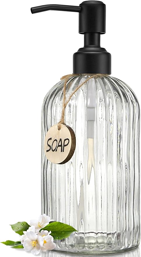 JASAI 18Oz Simple Glass Soap Dispenser with Black Rust Proof Pump,Refillable Kitchen soap Dispenser with Vertical Stripe, Bathroom Soap Dispenser for Dispense Hand soap, Dish Soap, Lotion.