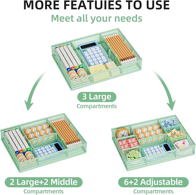 Marbrasse 2 Pack Desk Drawer Organizer, Mesh Drawer Organizer Tray with 8 Adjustable Compartments, Desk Organizers and Accessories, 5 Dividers Drawer for Office Supplies, Makeup & Vanity (Green)