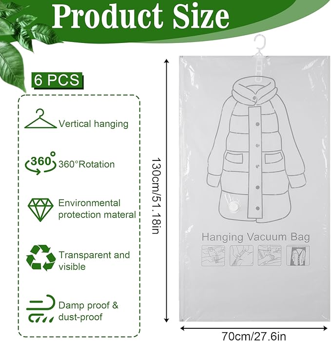 6 Pack Clear Hanging Vacuum Storage Bag