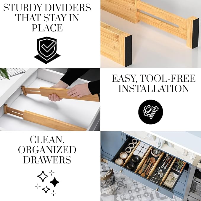 Expandable Bamboo Drawer Dividers 8 pack with labels(17"-22") Drawer Organizer