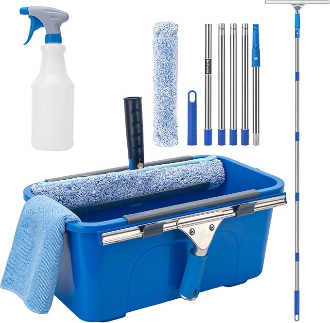 Window Cleaning Kit with 6ft Long Handle, 3 Gallon Bucket,14" Squeegee,15" Microfiber Scrubber,Spray Bottle, Cloth