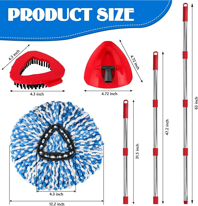 Spin Mop Replacement Set for O-Ceda RinseClean 2-Tank System, 16 Microfiber Spin Mops Refills,1 Scrubber Head,1 Triangle Spin Base,and(31-63in) Adjustable Handle Set Combo