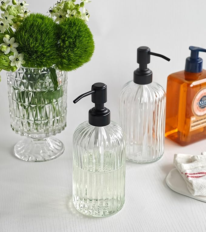 JASAI 2PACK 18Oz Simple Glass Soap Dispensers with Black Pump, Refillable Kitchen soap Dispenser with Vertical Stripe, Bathroom Soap Dispenser for Bathroom Hand soap, Dish Soap, Lotion.