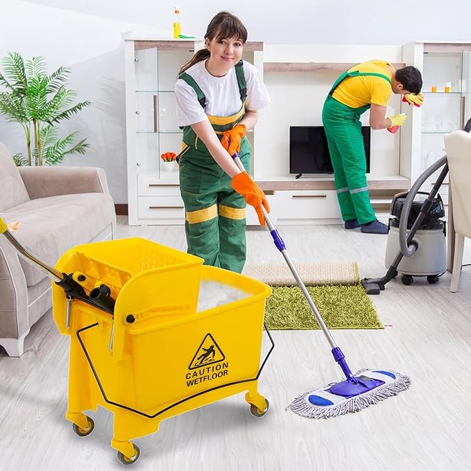 Commercial Mop Bucket with Wheels 20L Gallon, Side Press Wringer Combo Mop Bucket, Combo Cart Set for Restaurant Home Floor Cleaning Use
