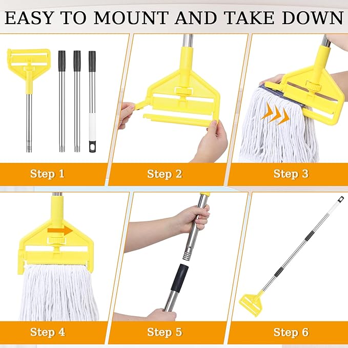 Commercial Heavy Duty Mop Handle - 58" Adjustable Extension Pole Mop Handle Replacement, Wet Mops Head Replacement Holder for Professional/Industrial Floor Cleaning (Yellow)