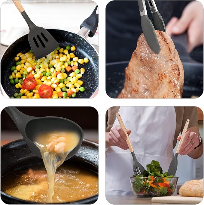 Non-Stick Silicone Cooking Utensils Set, 5 Pcs with Wooden Handle, Heat Resistant Silicone Kitchen Gadgets (Gray)