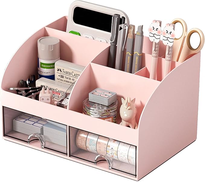 COMFYROOM Desk Organizer with 6 Compartments and 2 Drawers, Plastic Makeup Organizer, Pen Holder for Desktop Storage, Desk Organization for School, Home, Office Supplies (Pink)