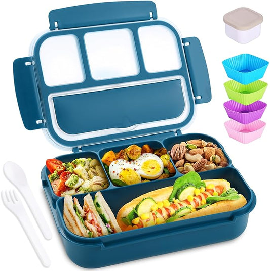 shell and turtle Bento Box Adult Lunch Box, Kids Lunch Containers for School with 4 Compartments, with Utensils, Sauce Jar, Muffin Liners