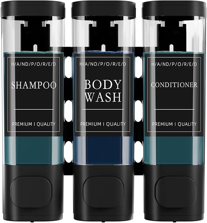 Shower Soap Dispenser No Drill, 3 Chamber Wall Mounted Shampoo and Conditioner Dispenser for Bathroom Hotel Large Capacity