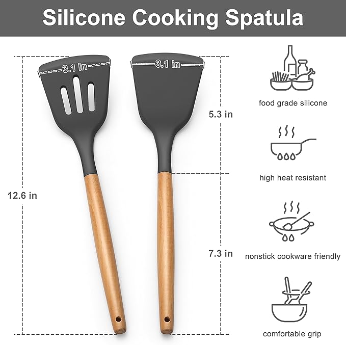 E-far Silicone Spatula Turner, 2 Pack Heat Resistant Kitchen Spatulas for Nonstick Cookware, Rubber Solid Slotted Spatula Cooking Utensils for Fish, Eggs, Pancakes (Gray)
