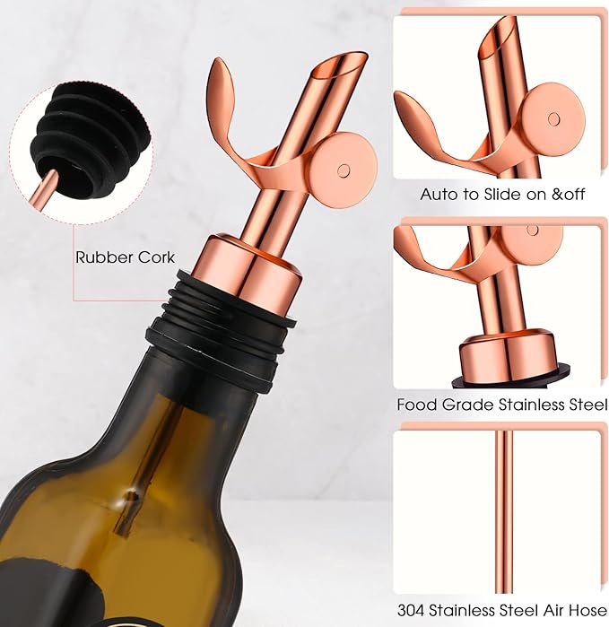 Kinlop 6 Pcs Weighted Stainless Steel Liquor Bottle Pourers Auto Flip Olive Oil Dispenser Spout Balsamic Alcohol Pourer Spouts (Rose Gold)