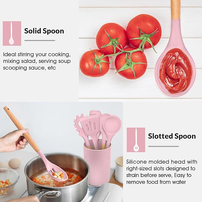 E-far Cooking Utensils Set of 6, Silicone Kitchen Utensils with Wooden Handle, Non-stick Cookware Friendly & Heat Resistant, Includes Spatula/Ladle/Slotted Turner/Serving Spoon/Spaghetti Server(Pink)