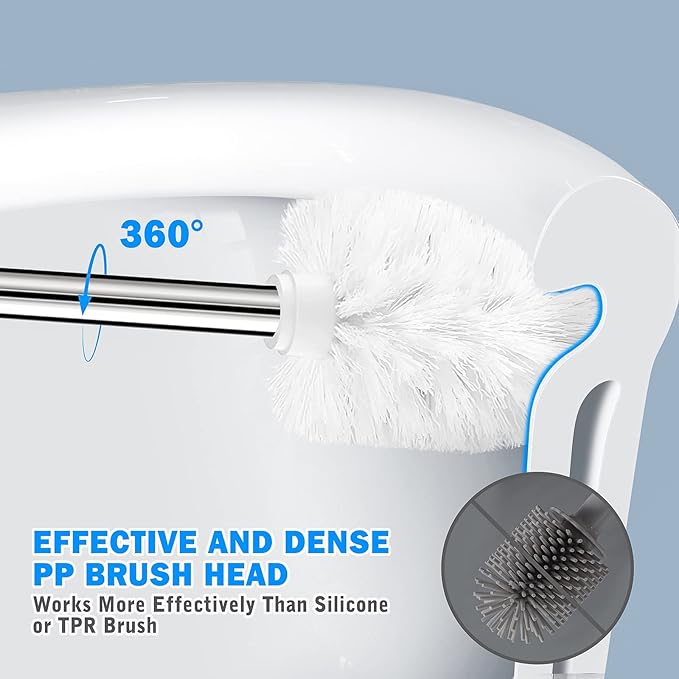 Toilet Brush and Holder, Toilet Brush with 304 Stainless Steel Long Handle, Toilet Bowl Brush for Bathroom Toilet-Elegant-Cleaning-Bristles(White)