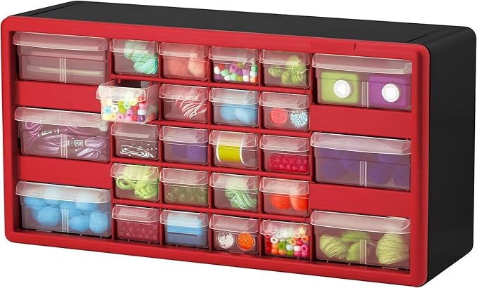 Akro-Mils 26-Drawer Plastic Drawer Storage Cabinet for Garage Organization, Bead Organizer, Building Bricks Storage, Teacher Toolbox, Makeup Organizer, 20-Inch W x 6-Inch D x 10-Inch H, 10126 Red