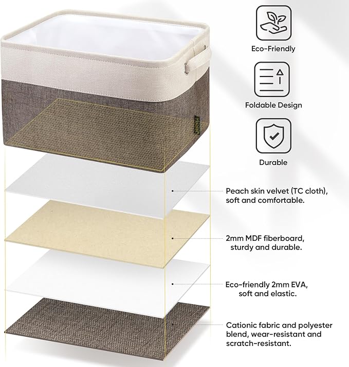 2 Pack Fabric Closet Storage Bins for Shelves, Brown, 12"x8"x8"