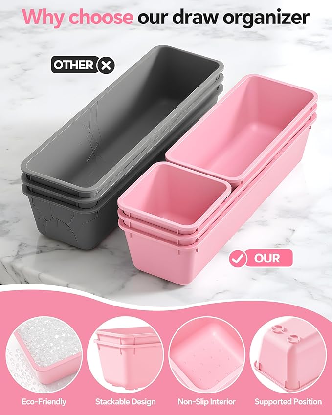 13 Pack Plastic Drawer Organizers Set, Pink