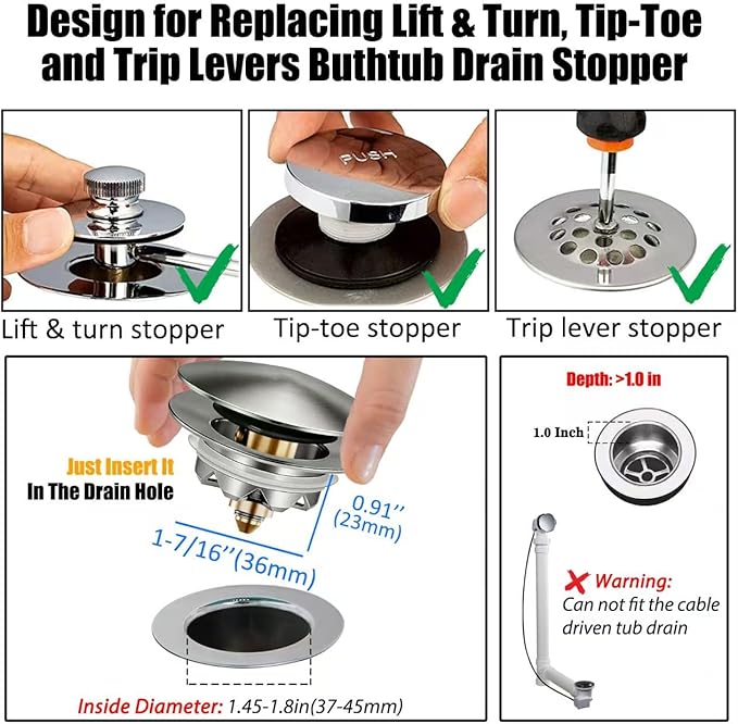 Anlige Bathtub Drain Stopper, Pop Up Tub Stopper and Cover, Bottom with Hair Catcher, Universal for 1.45 in to 1.8 in Drain, Replaces Old Drain Plug