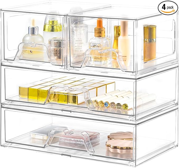 4 Pack Stackable Storage Drawers Clear Acrylic Organizer Bathroom Makeup