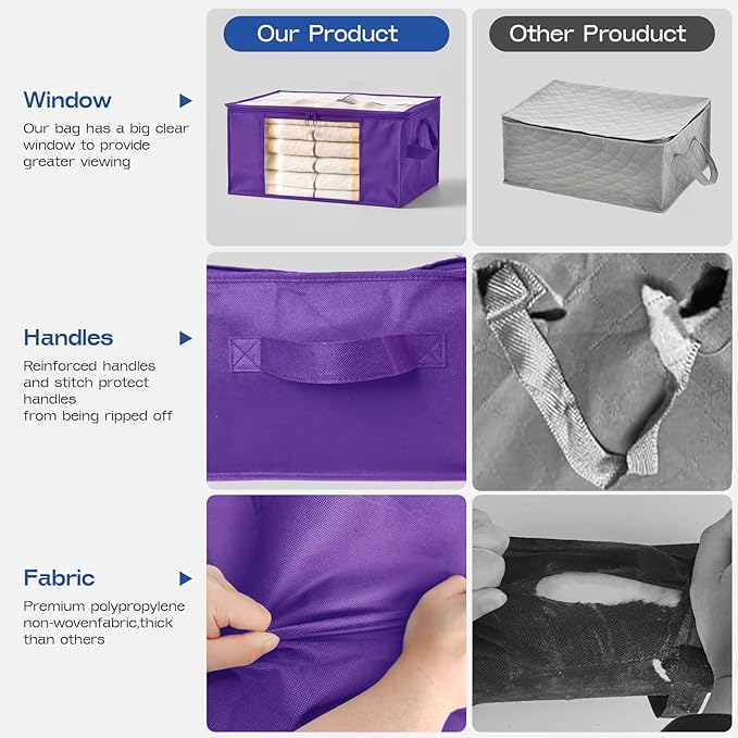 Clothes Storage Bags, Foldable Thick Fabric Blanket Storage Bags, Purple, 6PACK