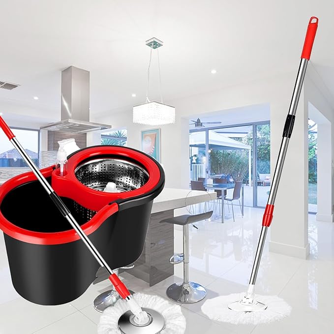 Spin Mop and Bucket Set, 360 Spin Mop and Bucket Stainless Steel,Floor Cleaning System,with 3 Replacement Heads (Black-1)