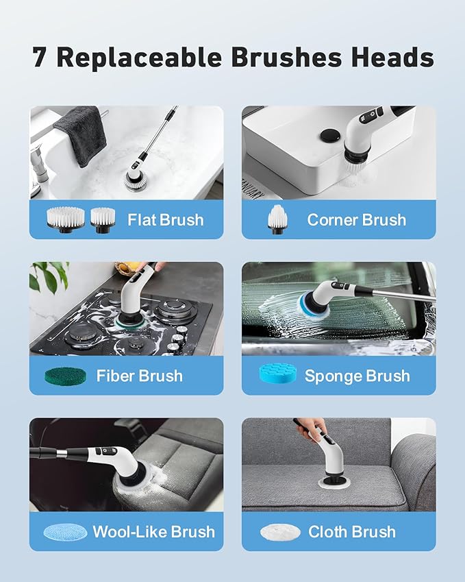 Powerful Electric Spin Scrubber, Cordless Cleaning Brush, Shower Scrubber,90-Min Extended Runtime, Telescopic Long Handle, 8 Replaceable Heads, 2 Speeds for Bathroom, Bathtub, Floor & Glass