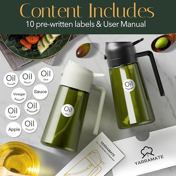 YARRAMATE 16oz/470ml Light-Blocking Dark Oil Sprayer for Cooking, 2 in 1 Olive Oil Dispenser Bottle for Kitchen, Premium Dark Green Glass Oil Bottle, Food-Grade Oil Mister for Air Fryer, BBQ (White)