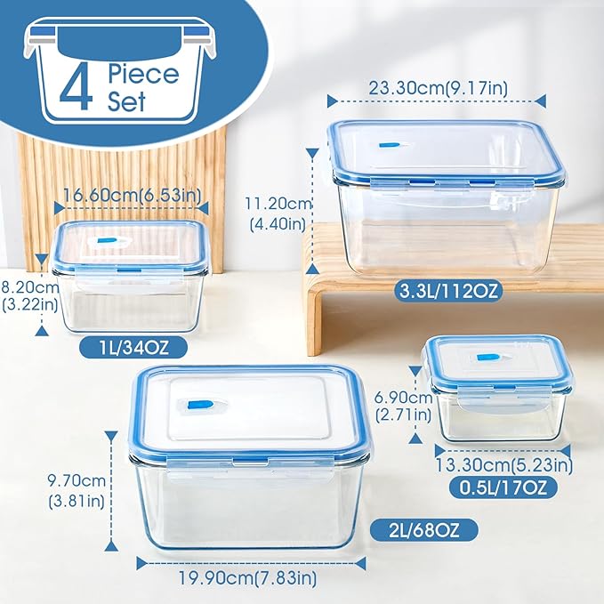NUTRIUPS 112/68/34/17oz Square Large Glass Food Storage Containers with Airtight Lids, Meal Prep Containers, Ideal for Baking and Storing Casseroles, Lasagnas, Vegetables, Fruits,4-Piece Set