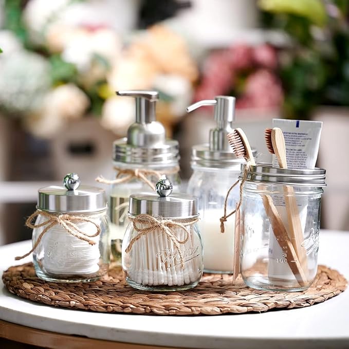 Amolliar Mason Jar Liquid Soap Dispenser Lid, Stainless Steel Pump for 16oz Regular Mouth Jar, Rustic Farmhouse Decor, Kitchen Hand Soap, Dish, Lotion Soap, Brushed Nickel 4 Pack, Extra 2 Long Tubes