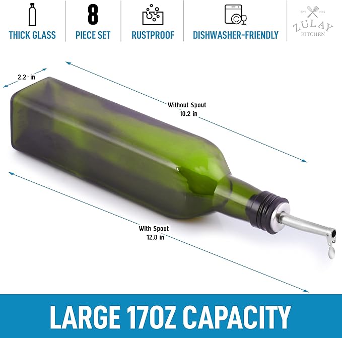 Zulay Kitchen (2 pack 17oz Olive Oil Dispenser Bottle For Kitchen - Glass Olive Oil Bottles With 2 Spouts, 2 Removable Corks, 2 Caps, & 1 Funnel - Oil Bottle For Kitchen & Storing Liquids