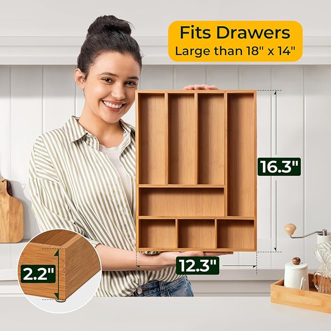 Carbonized Bamboo Kitchen Drawer Organizer, 8 Slots Silverware Organizer